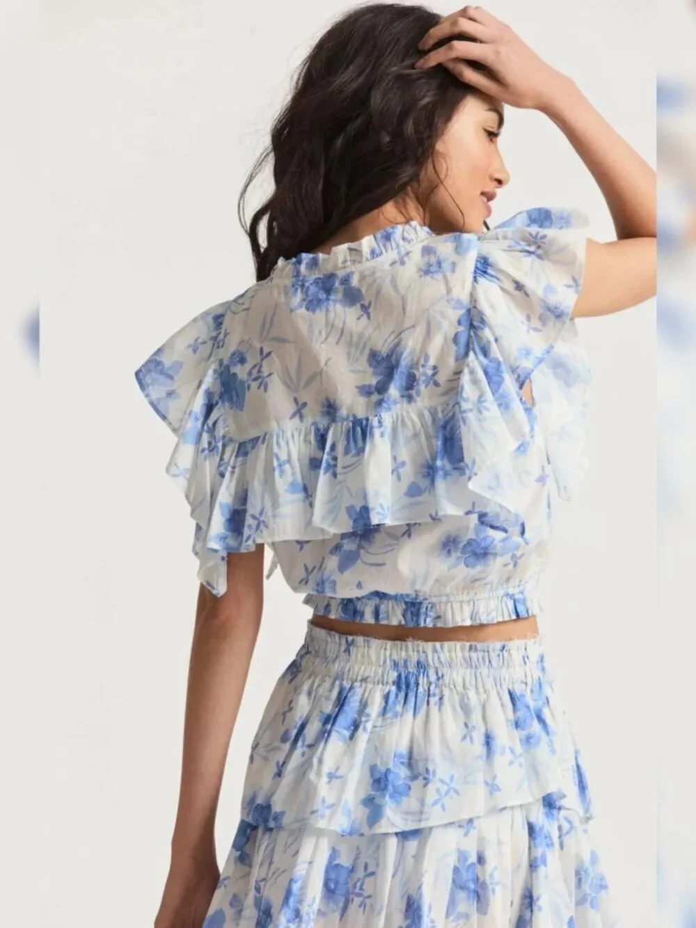 LoveShackFancy Nora Blouse M 8 Women's Ruffle Floral Print Crop Top NEW 46925